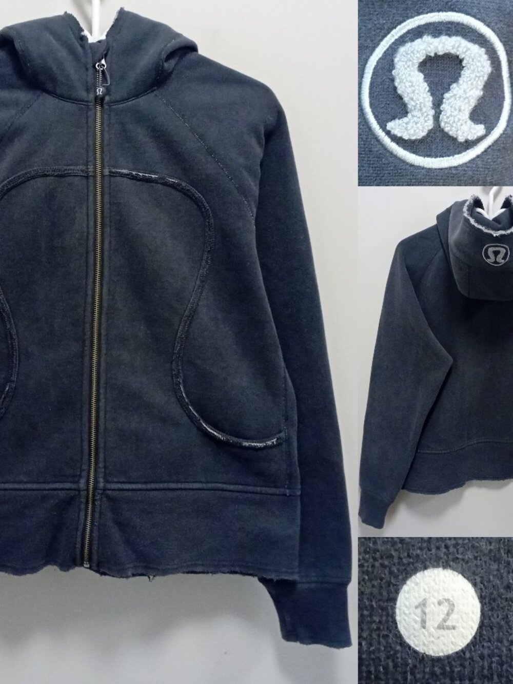 Lululemon Scuba Gray Size 12 XL Full-Zip Sweater Hoodie Womans Cotton Distressed